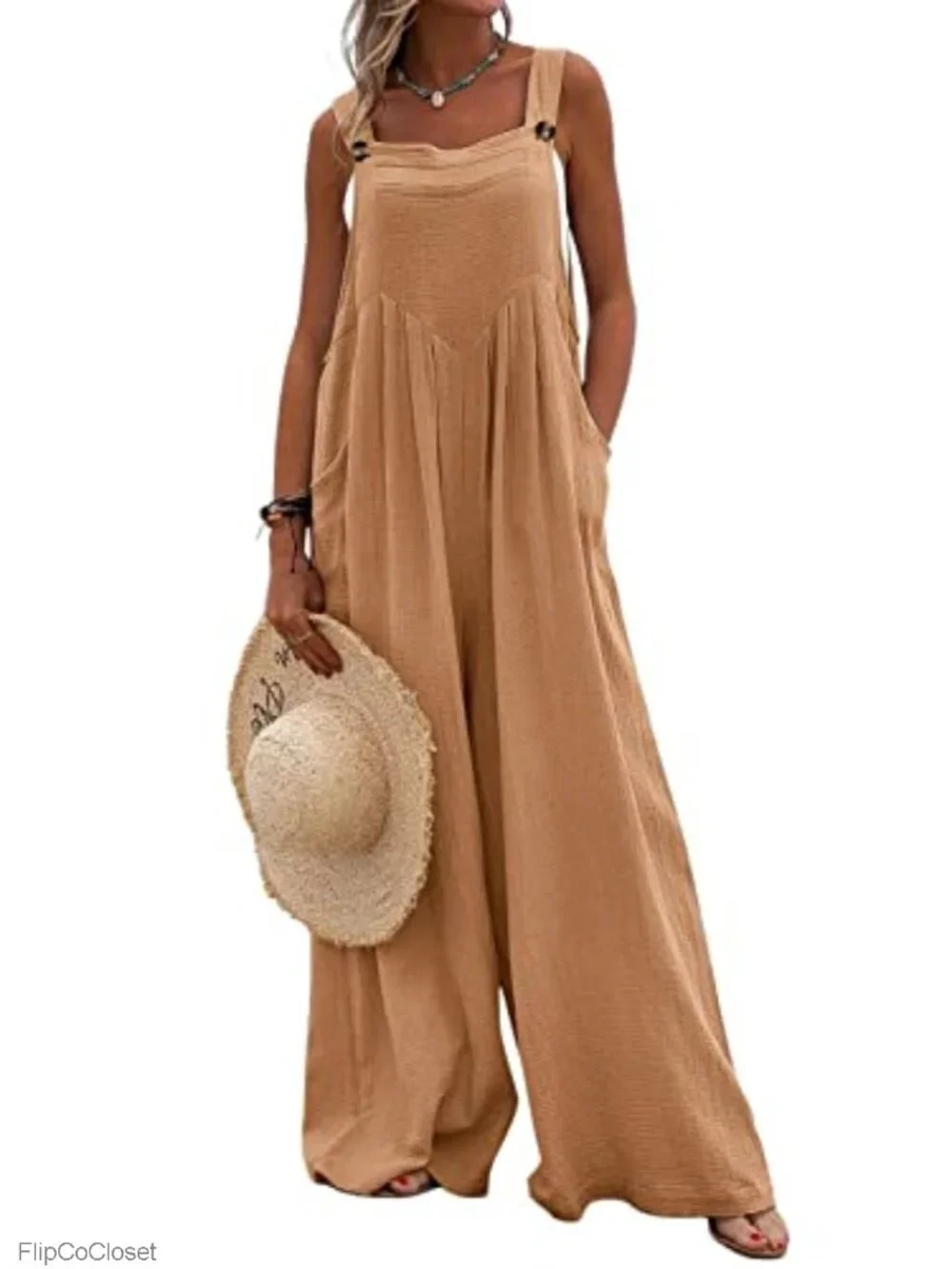 Women's Casual Baggy Sleeveless Bib Overall Wide Leg Jumpsuit Overalls with